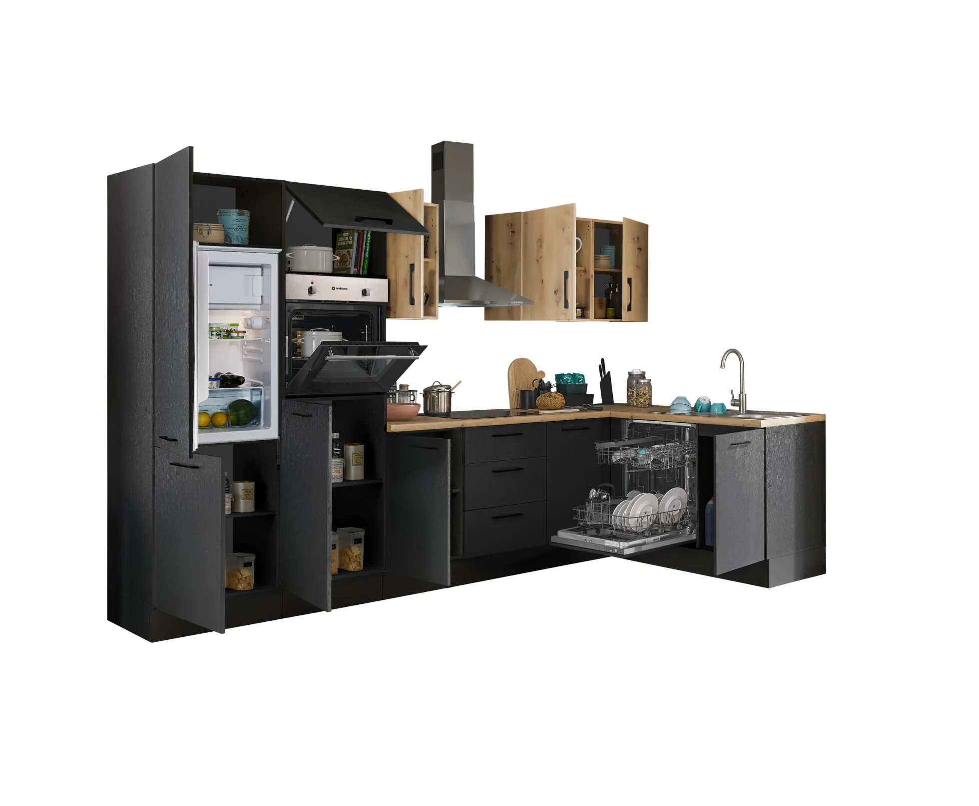 Küchenblock mit E-Geräten CORNWALL (Ecke-Backofen-Geschirrspüler-Kühlschrank) XII