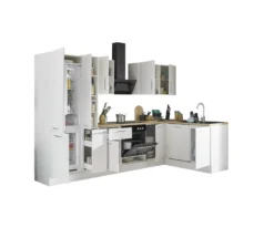 Küchenblock mit E-Geräten CORNWALL (Ecke-Geschirrspüler-Kühlschrank-Apotheker) II