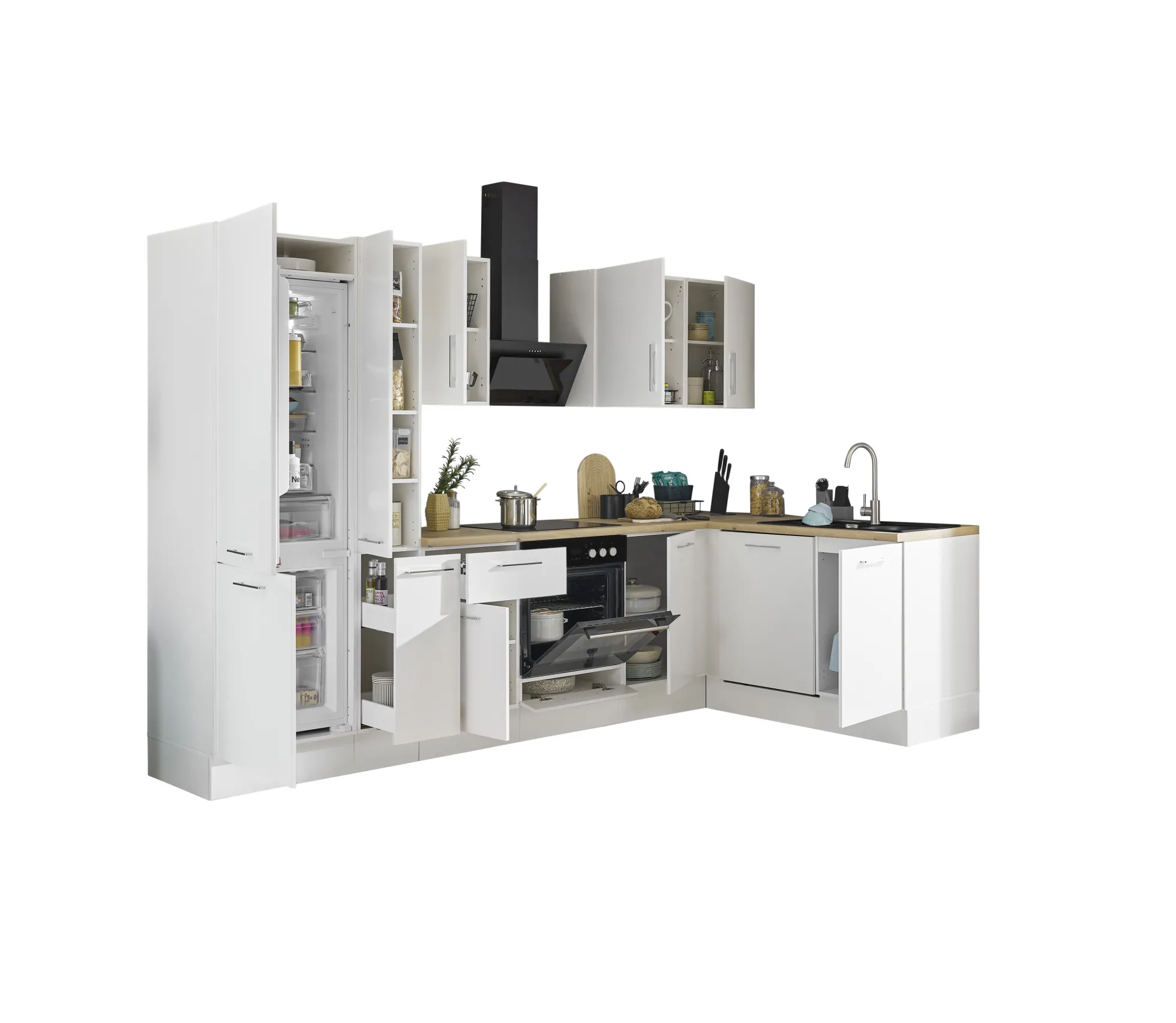 Küchenblock mit E-Geräten CORNWALL (Ecke-Geschirrspüler-Kühlschrank-Apotheker) II