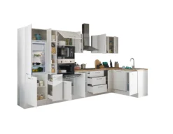 Küchenblock mit E-Geräten CORNWALL (Ecke-Backofen-Geschirrspüler-Kühlschrank-Mikrowelle-Apotheker) I