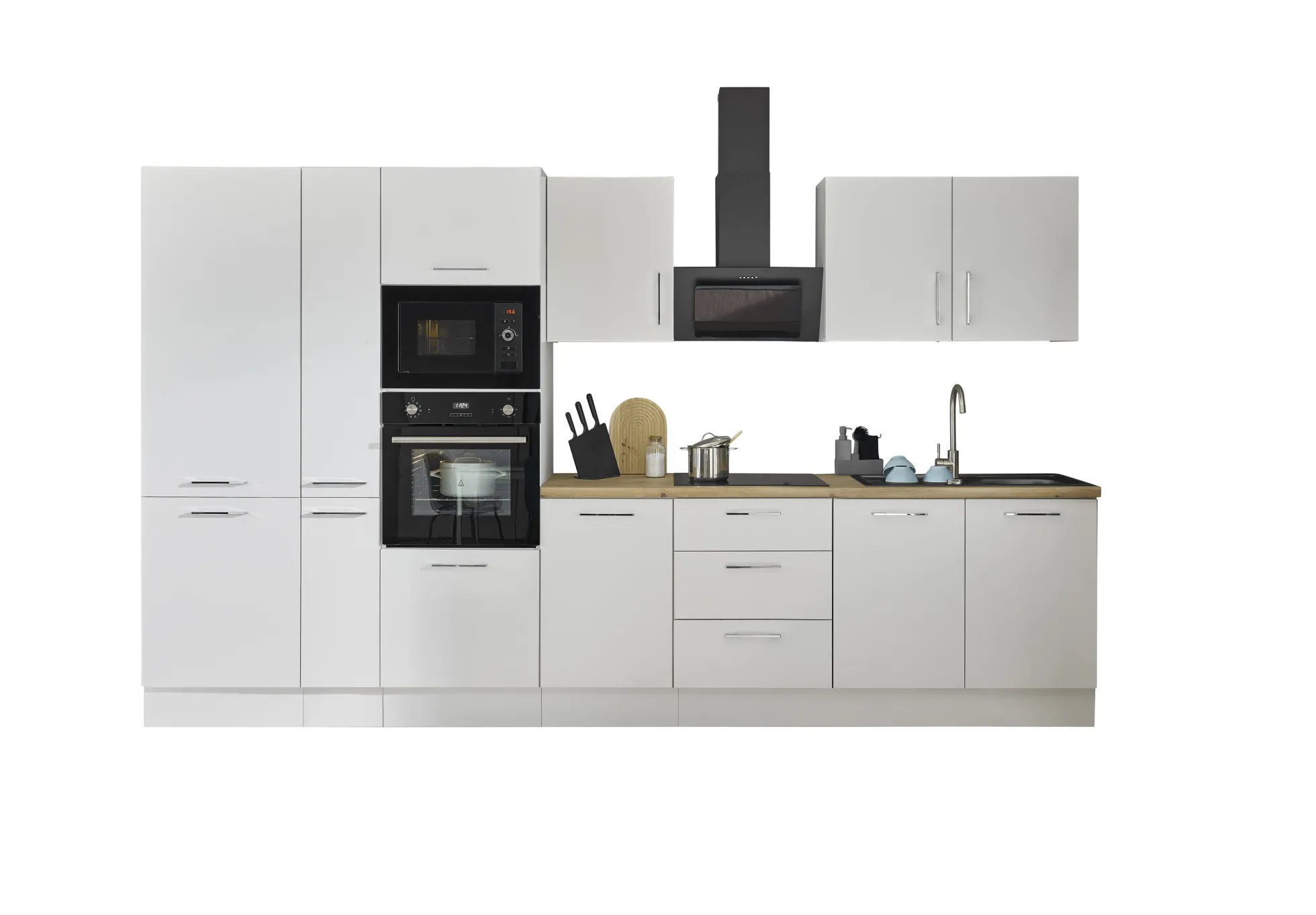 Küchenblock mit E-Geräten CORNWALL (Zeile-Backofen-Kühlschrank-Mikrowelle-Apotheker) II