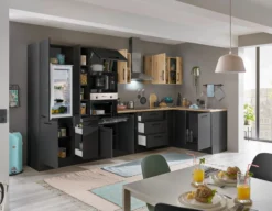 Küchenblock mit E-Geräten CORNWALL (Ecke-Backofen-Kühlschrank-Mikrowelle-Apotheker) III