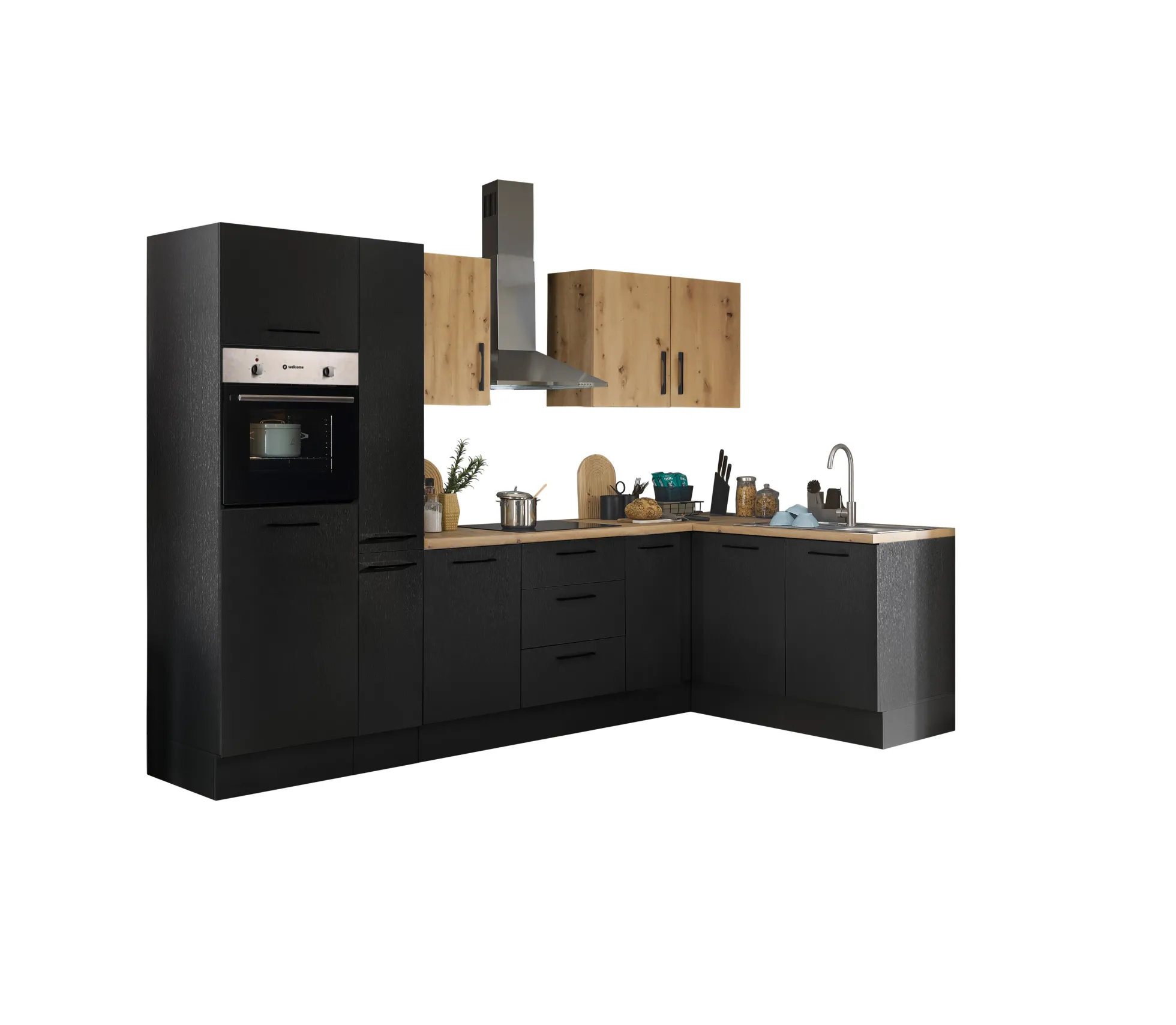 Küchenblock mit E-Geräten CORNWALL (Ecke-Backofen-Kühlschrank-Apotheker) V