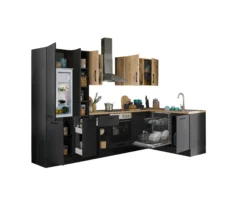 Küchenblock mit E-Geräten CORNWALL (Ecke-Geschirrspüler-Kühlschrank-Apotheker) III