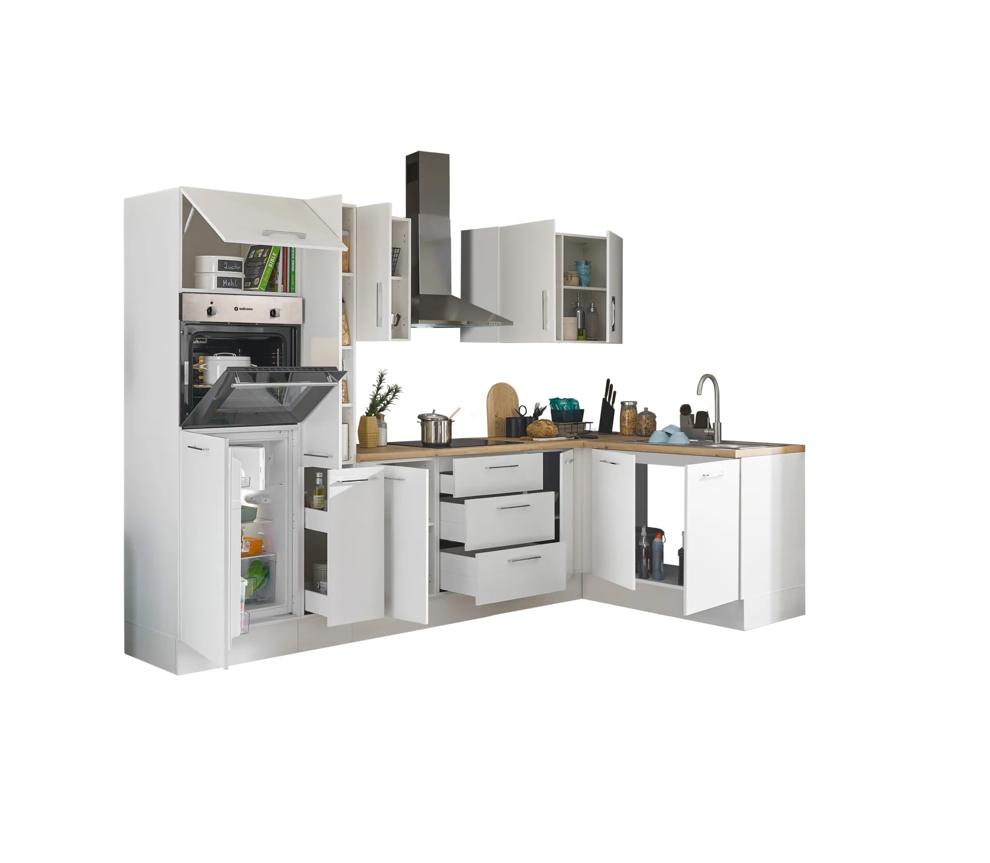 Küchenblock mit E-Geräten CORNWALL (Ecke-Backofen-Kühlschrank-Apotheker) I