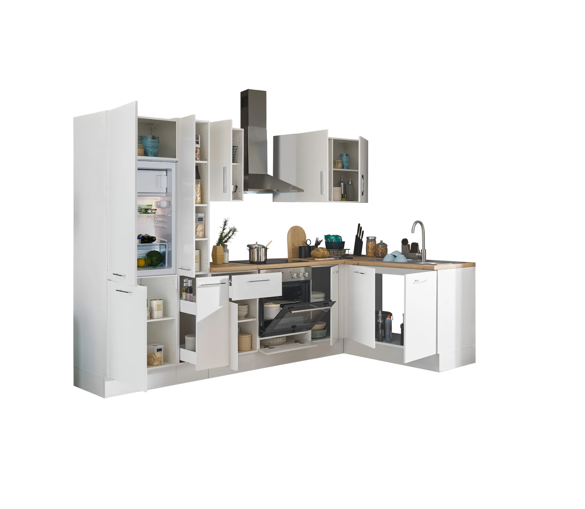 Küchenblock mit E-Geräten CORNWALL (Ecke-Kühlschrank-Apotheker) I