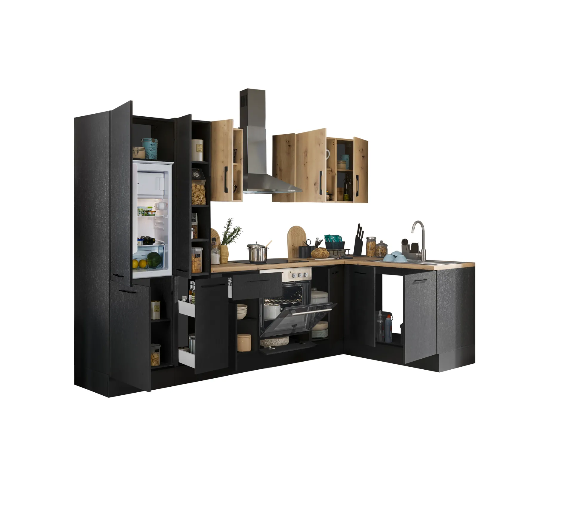 Küchenblock mit E-Geräten CORNWALL (Ecke-Kühlschrank-Apotheker) III