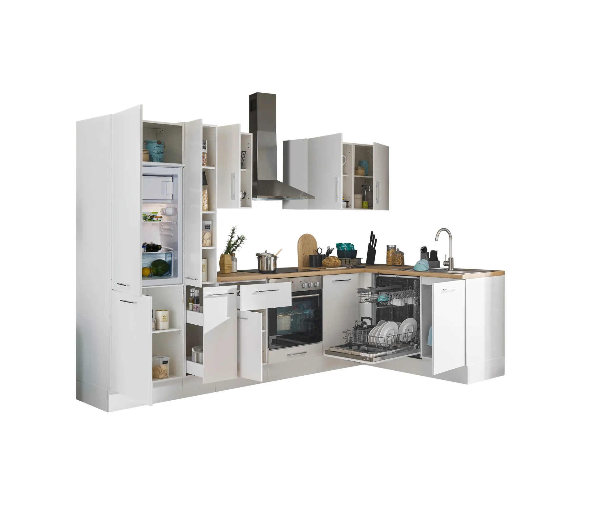 Küchenblock mit E-Geräten CORNWALL (Ecke-Geschirrspüler-Kühlschrank-Apotheker) I