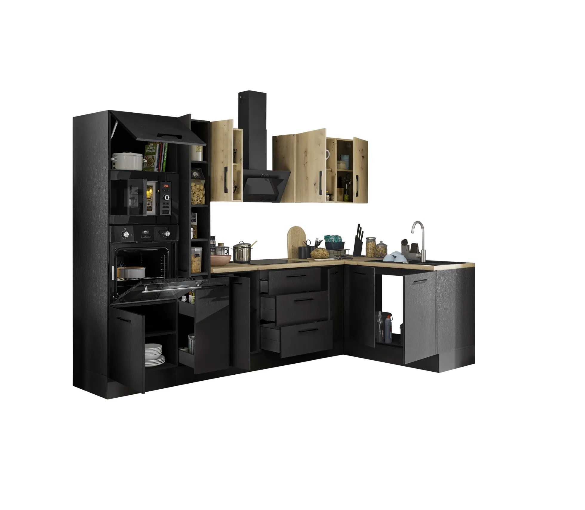 Küchenblock mit E-Geräten CORNWALL (Ecke-Backofen-Mikrowelle-Apotheker) IV