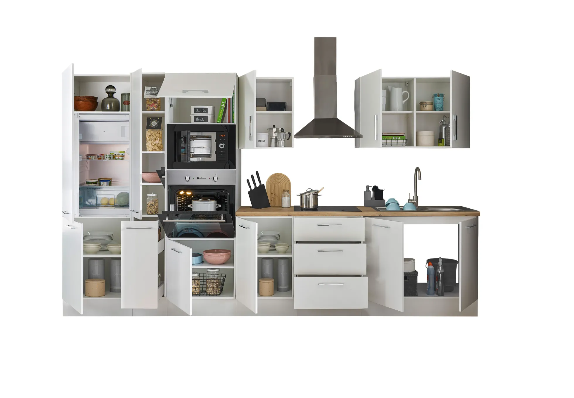 Küchenblock mit E-Geräten CORNWALL (Zeile-Backofen-Kühlschrank-Mikrowelle-Apotheker) I