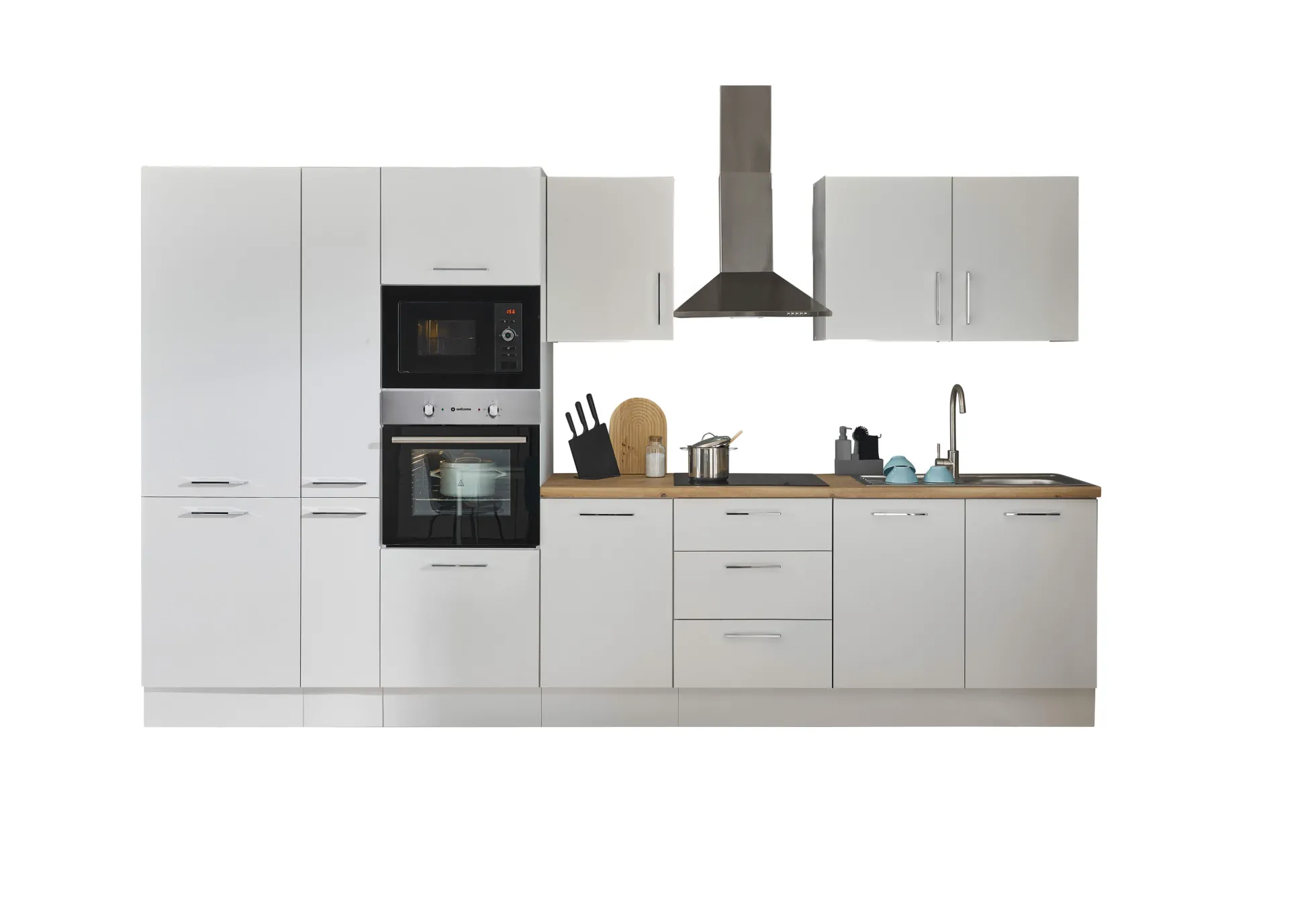 Küchenblock mit E-Geräten CORNWALL (Zeile-Backofen-Kühlschrank-Mikrowelle-Apotheker) I