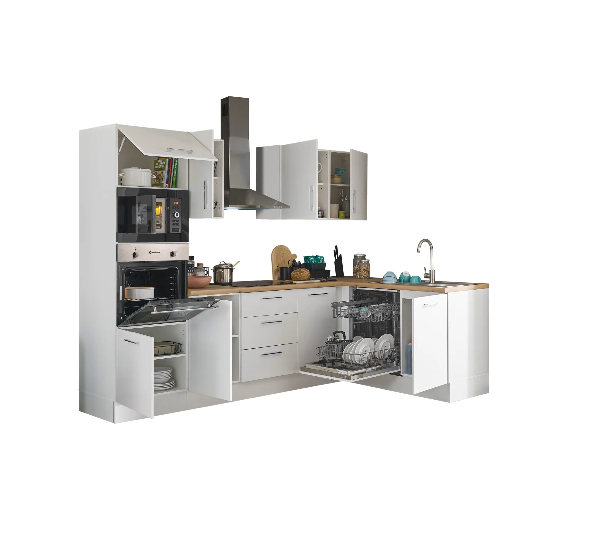 Küchenblock mit E-Geräten CORNWALL (Ecke-Backofen-Geschirrspüler-Mikrowelle) I