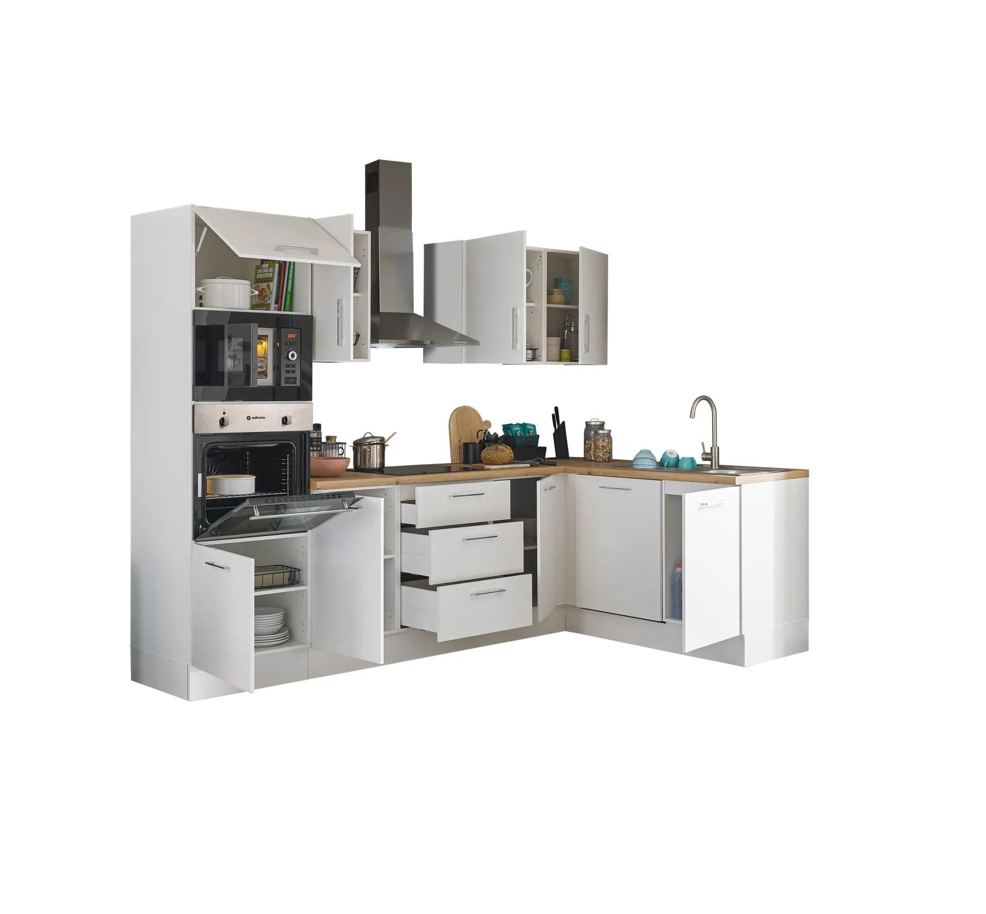 Küchenblock mit E-Geräten CORNWALL (Ecke-Backofen-Geschirrspüler-Mikrowelle) I