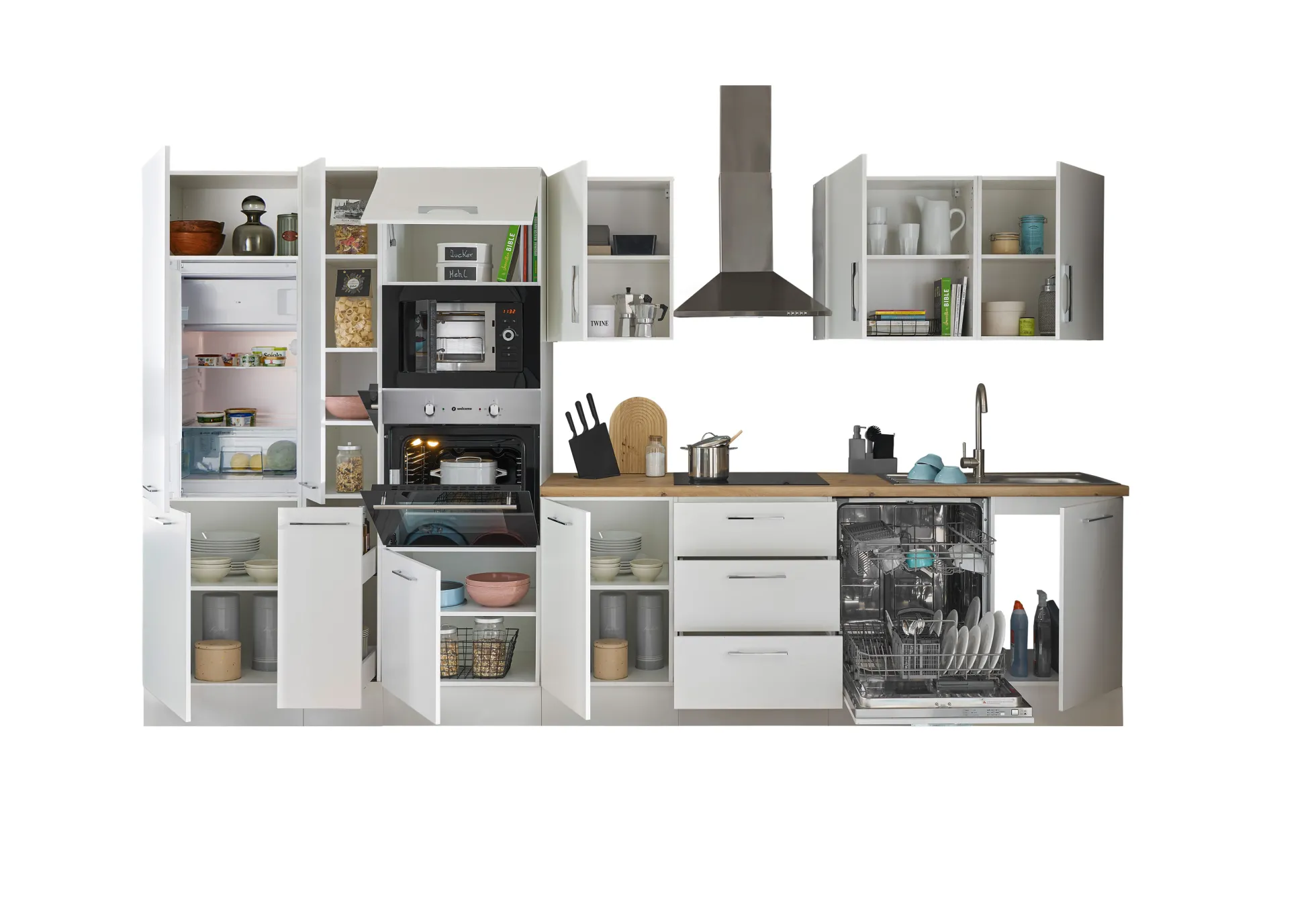 Küchenblock mit E-Geräten CORNWALL (Zeile-Backofen-Geschirrspüler-Kühlschrank-Mikrowelle-Apotheker) I