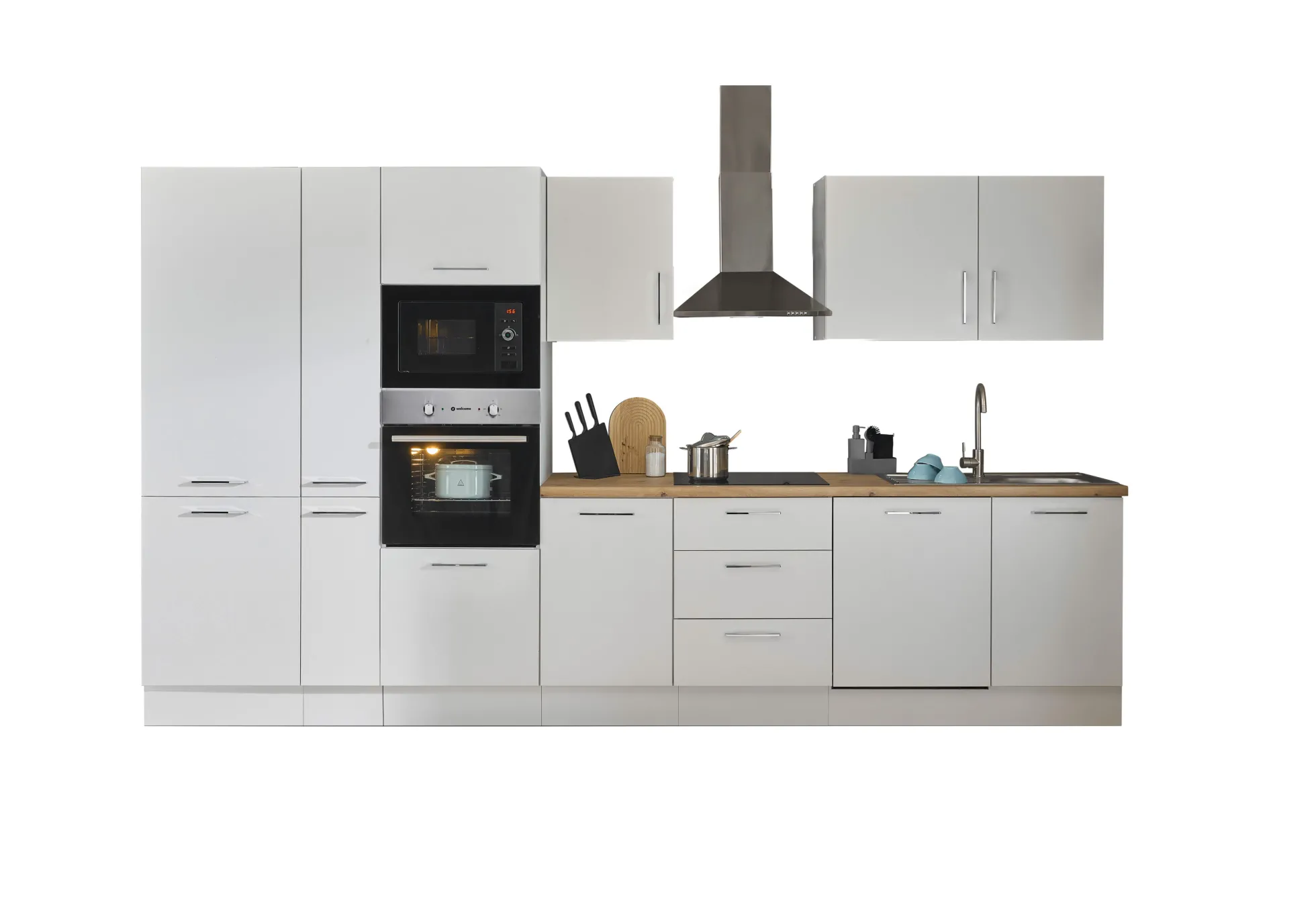 Küchenblock mit E-Geräten CORNWALL (Zeile-Backofen-Geschirrspüler-Kühlschrank-Mikrowelle-Apotheker) I